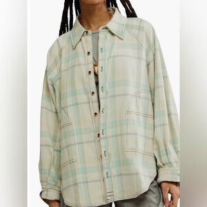 WE THE FREE GIRL MEETS BOY OFF-WHITE GREEN PLAID BUTTON FRONT SHIRT SZ XS